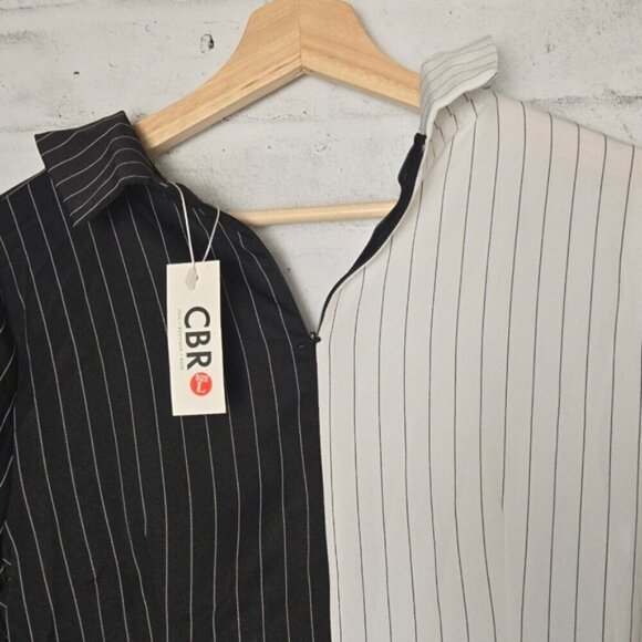 CBR Turn Down Neck Long Sleeve Buttons Striped Patchwork Bodycon Dress ~ NWT - Picture 5 of 16